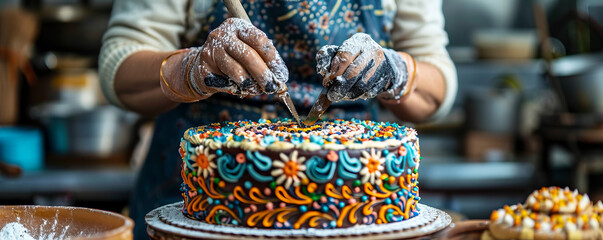A baker decorating a cake with intricate designs inspired by traditional patterns and motifs from indigenous cultures.