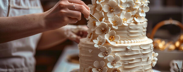 A baker decorating a wedding cake with elegant designs and delicate sugar flowers, adding a touch of sophistication to the celebration.