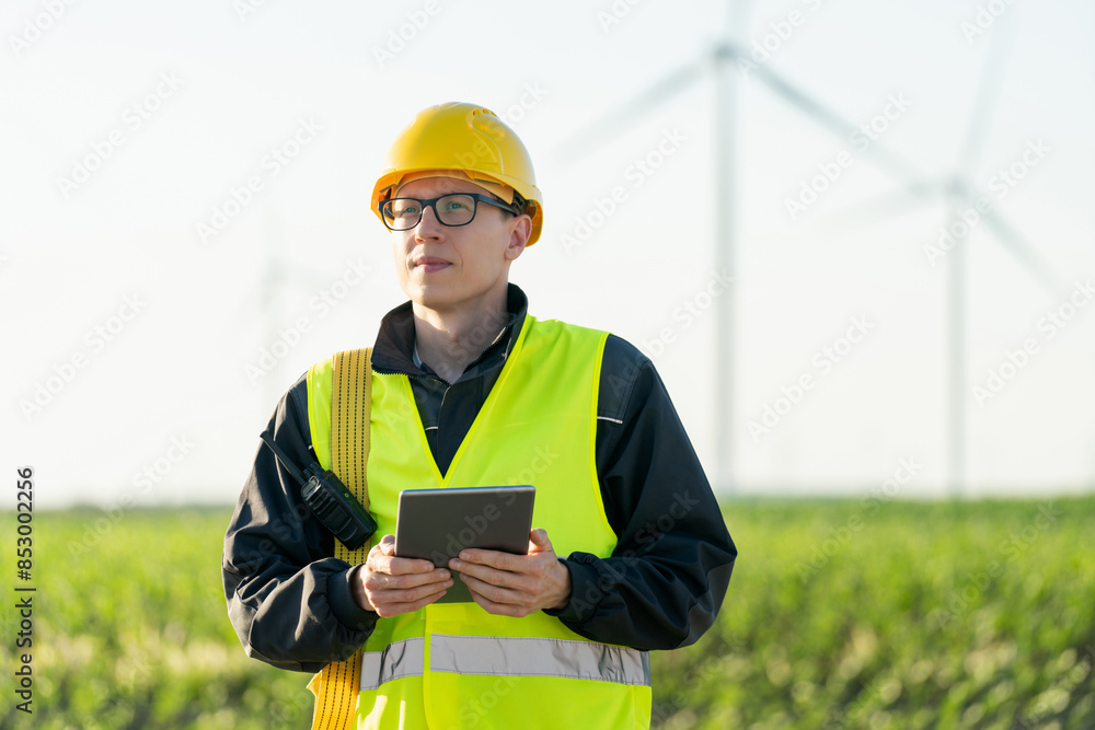 Poster engineer with digital tablet works on a field of wind turbines