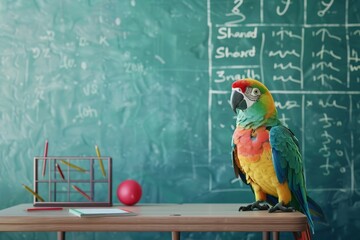 A parrot is sitting on a desk next to a yellow ball and a book