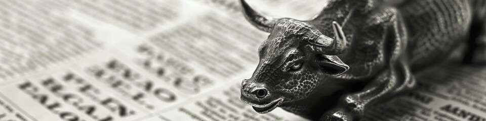 Fototapeta premium Newspaper Bull Market Headlines and Media, Initiating Quantitative Easing and Central Bank Rate Cuts to Stimulate Economy and Stock Market Recovery, Wide Banner Design Featuring Bull Market, Cryptocur