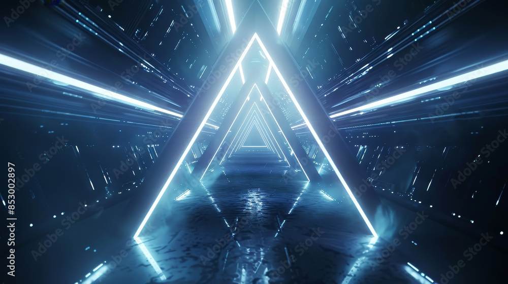 Poster a futuristic tunnel with neon lights and a triangular shape