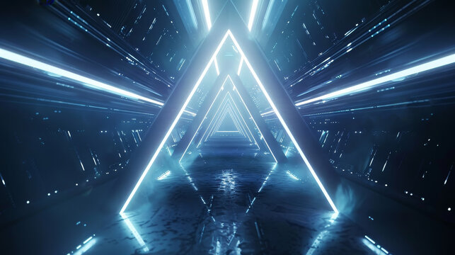 A futuristic tunnel with neon lights and a triangular shape