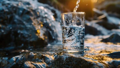 Pouring fresh natural spring mineral water into a glass, showcasing pure drinking experience