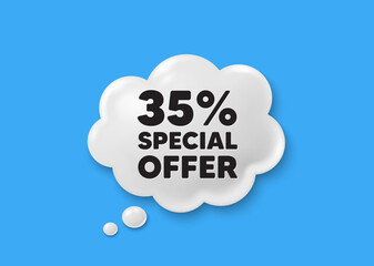 35 percent discount offer tag. Comic speech bubble 3d icon. Sale price promo sign. Special offer symbol. Discount chat offer. Speech bubble comic banner. Discount balloon. Vector