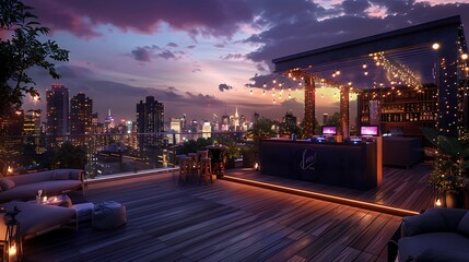 rooftop party deck with a dance floor, DJ booth, and bar, all set against a backdrop of city lights, designed for private events and celebrations