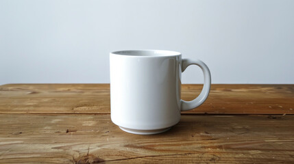 White Ceramic Mug Mockup on Wooden Table and White Background: White Blank Coffee Cup Mockup for Branding, Product Display, and Design Showcase - Minimalist Design with Copy Space