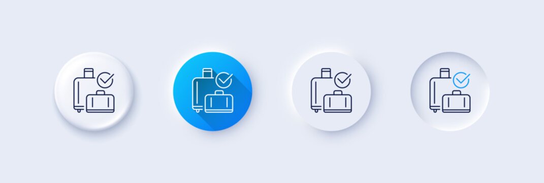 Airport baggage reclaim line icon. Neumorphic, Blue gradient, 3d pin buttons. Airplane check in luggage sign. Flight checked bag symbol. Line icons. Neumorphic buttons with outline signs. Vector