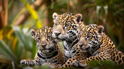 Fototapeta premium High quality image of jaguar family mother jaguar with two cubs in a stunning portrait