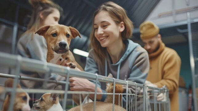 Office workers volunteering at a local animal shelter to support animal welfare efforts.
