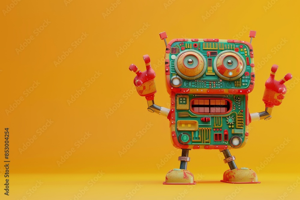 Poster a robot with red hands and a yellow face is standing on a yellow background