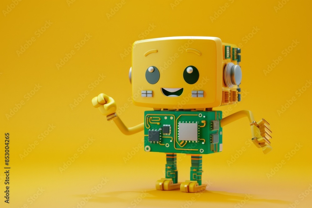 Poster a robot with red hands and a yellow face is standing on a yellow background