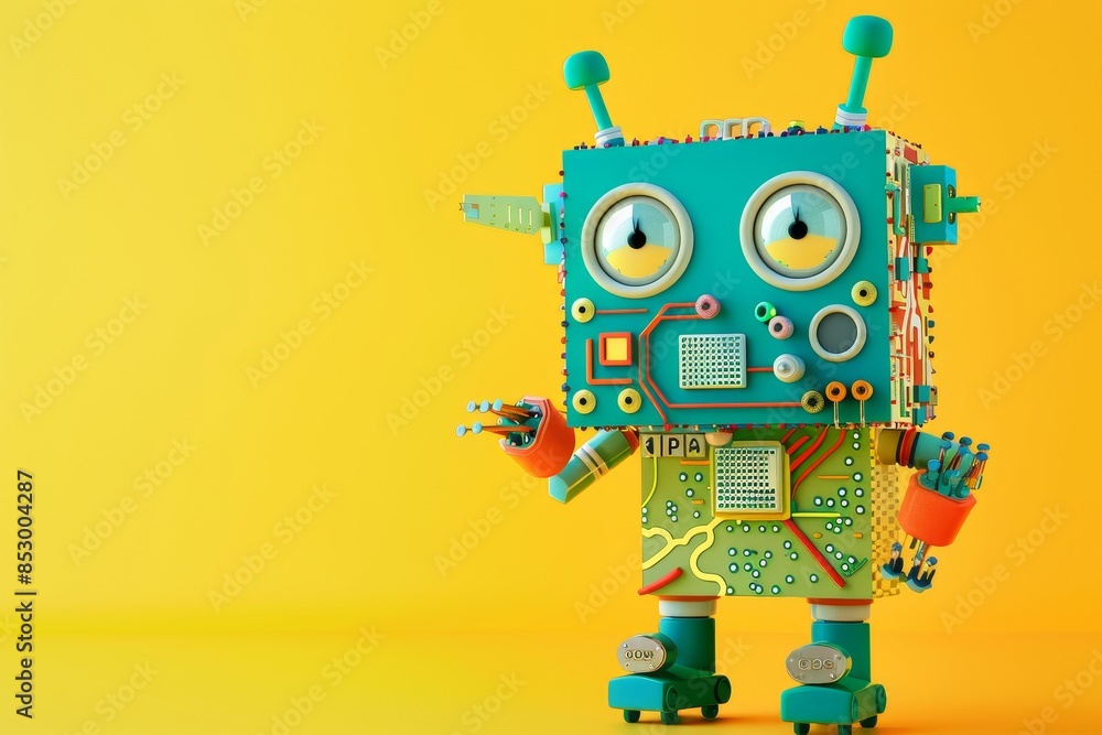 Poster a robot with red hands and a yellow face is standing on a yellow background