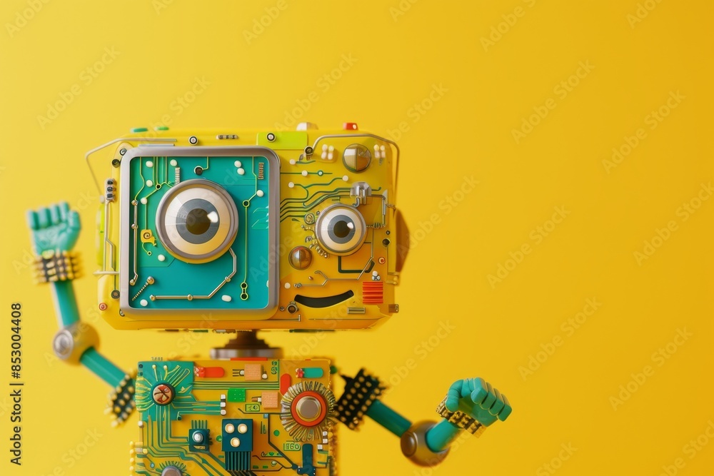 Poster a robot with red hands and a yellow face is standing on a yellow background