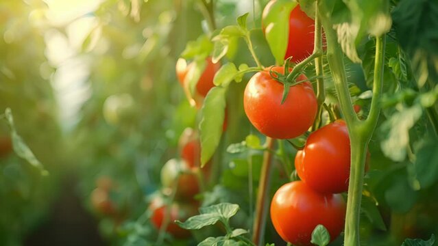 A lush tomato plant thriving in an automated greenhouse where its nutrition needs are met with minimal human intervention.