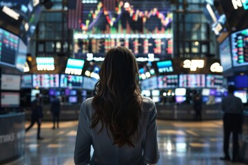 Woman monitoring stock prices on digital display in bustling exchange floor surrounded by traders
