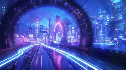 Futuristic Cityscape: High-Speed Neon Tunnel