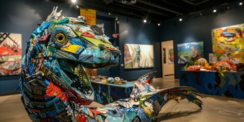 Fototapeta premium A large blue and green sculpture of a sea turtle made of recycled plastic bottles sits in an art gallery.