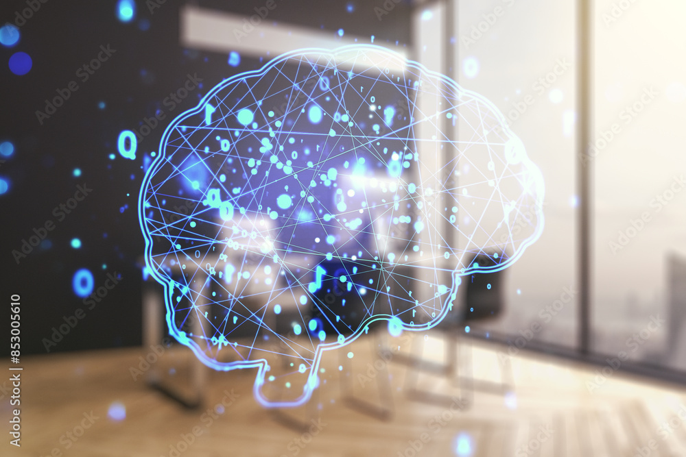 Poster creative artificial intelligence concept with human brain hologram and modern desktop with computer 
