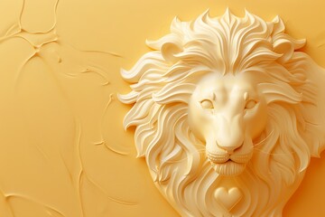 A lion with a heart on its face is shown on a yellow background