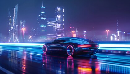 Electric autonomous vehicle driving in modern city at night with futuristic car software technology