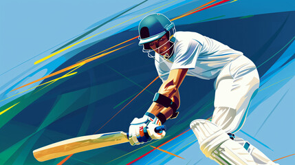 Illustration of a cricket player batting during a match.