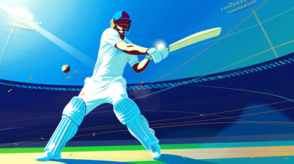 Illustration of a cricket player swinging bat under stadium lights.