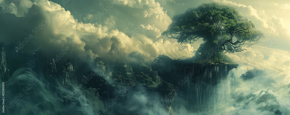 Poster a dreamlike landscape where objects defy gravity and logic, creating a surreal and otherworldly atmo