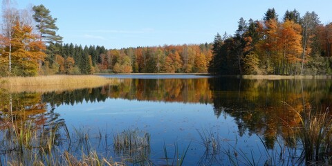 Fototapeta premium The image shows a beautiful lake in the middle of a forest