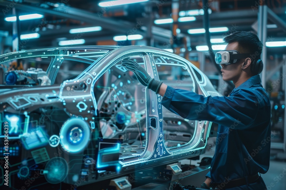 Poster automotive engineer in futuristic setting utilizing cutting edge technology on the car assembly line