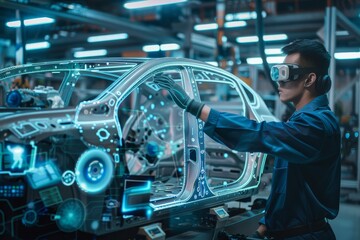 Fototapeta premium Automotive engineer in futuristic setting utilizing cutting edge technology on the car assembly line