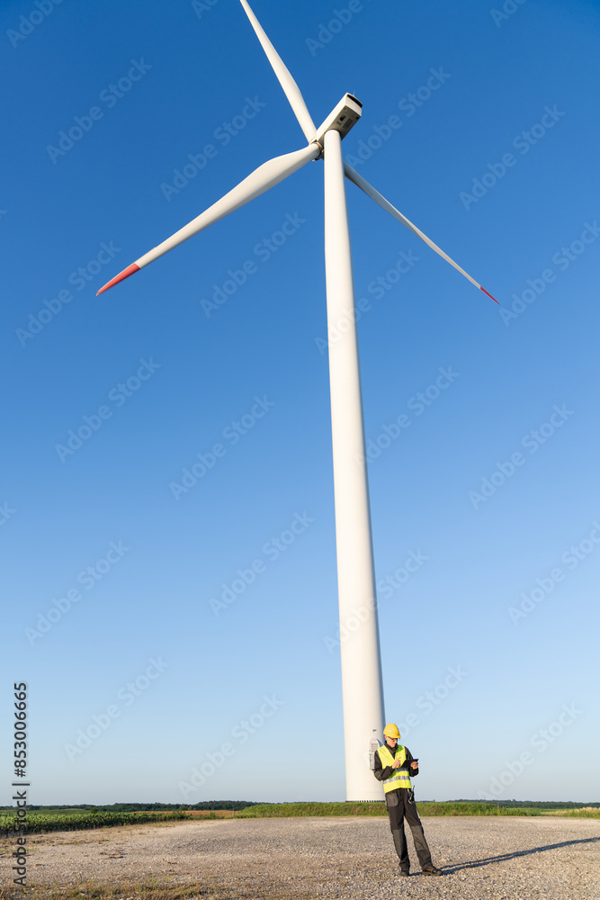 Poster Engineer with digital tablet works on a field of wind turbines