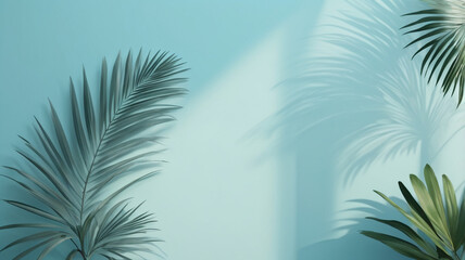 Fototapeta premium Palm leaf shadow on the blue wall, dreamy summer background.