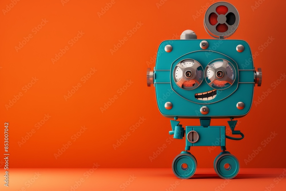 Poster a robot with a smile on its face stands in front of an orange background