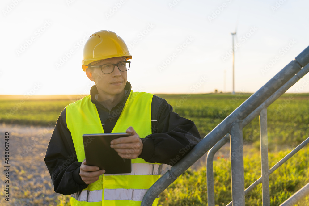 Aufkleber engineer with digital tablet works on a field of wind turbines