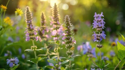 Obraz premium Hyssop thriving in meadow and flowers garden Refreshing blooms in countryside garden