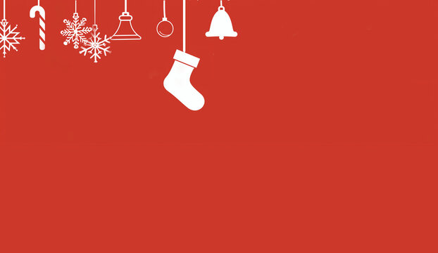 Image de No&euml;l avec des d&eacute;corations festives, y compris une chaussette, un sapin, un flocon de neige et une canne &agrave; sucre, sur fond rouge avec espace n&eacute;gatif. Id&eacute;ale pour les cartes de v&oelig;ux, publicit&eacute;s
