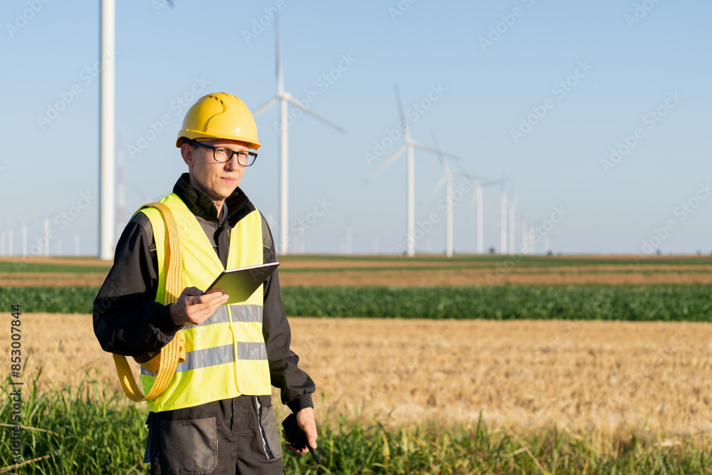 Aufkleber engineer with digital tablet works on a field of wind turbines