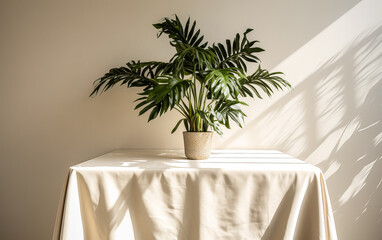A potted plant sits on a table next to a white cloth.