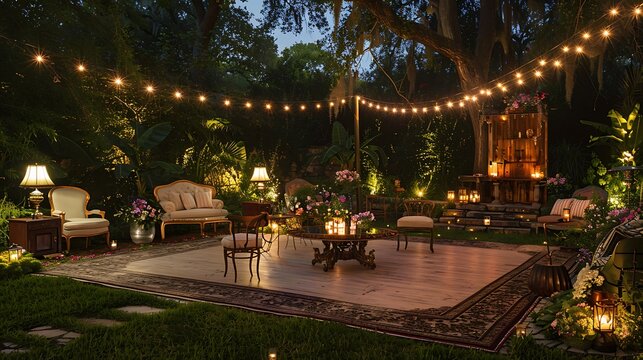 sophisticated garden soiree area with elegant string lights, a dance floor, and vintage furniture for hosting memorable outdoor parties