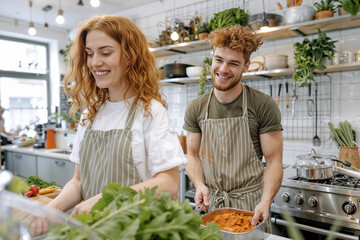 A young woman with red hair prepares food in a modern kitchen while a young man in a striped apron smiles at the camera