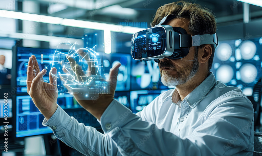 Poster computer science engineer working with 3d hologram visualization using virtual reality headset in mo