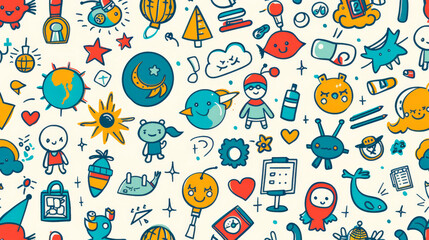 A cartoonish drawing of a child's bedroom with a variety of objects including a