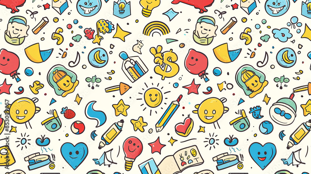 Poster a colorful pattern of cartoon faces and objects with a smiling sun in the middle