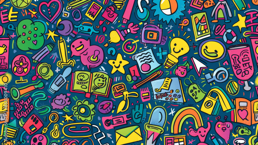 Poster a colorful and vibrant image with various objects such as a book, a pencil