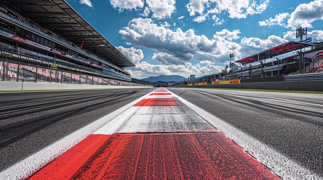Empty race track under a blue sky with clouds