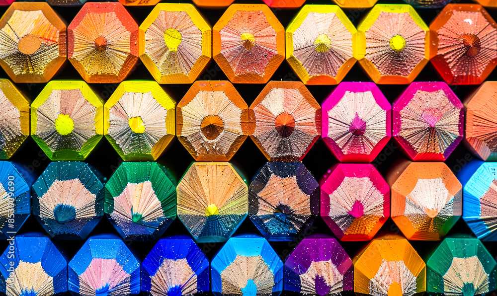 Poster close-up view of multicolored pencils arranged in hexagonal formation with sharpened tips, colorful 