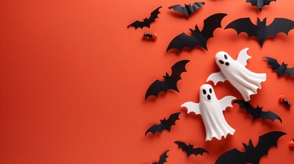 Halloween decoration with ghosts and bats on orange background