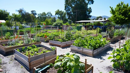 sustainable urban allotment with community garden beds, composting facilities, and educational workshops on urban farming and green living