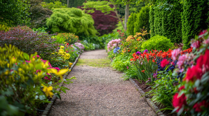 Obraz premium Pathway through a garden filled with aromatic and colorful plants, inviting and tranquil, right third copy space